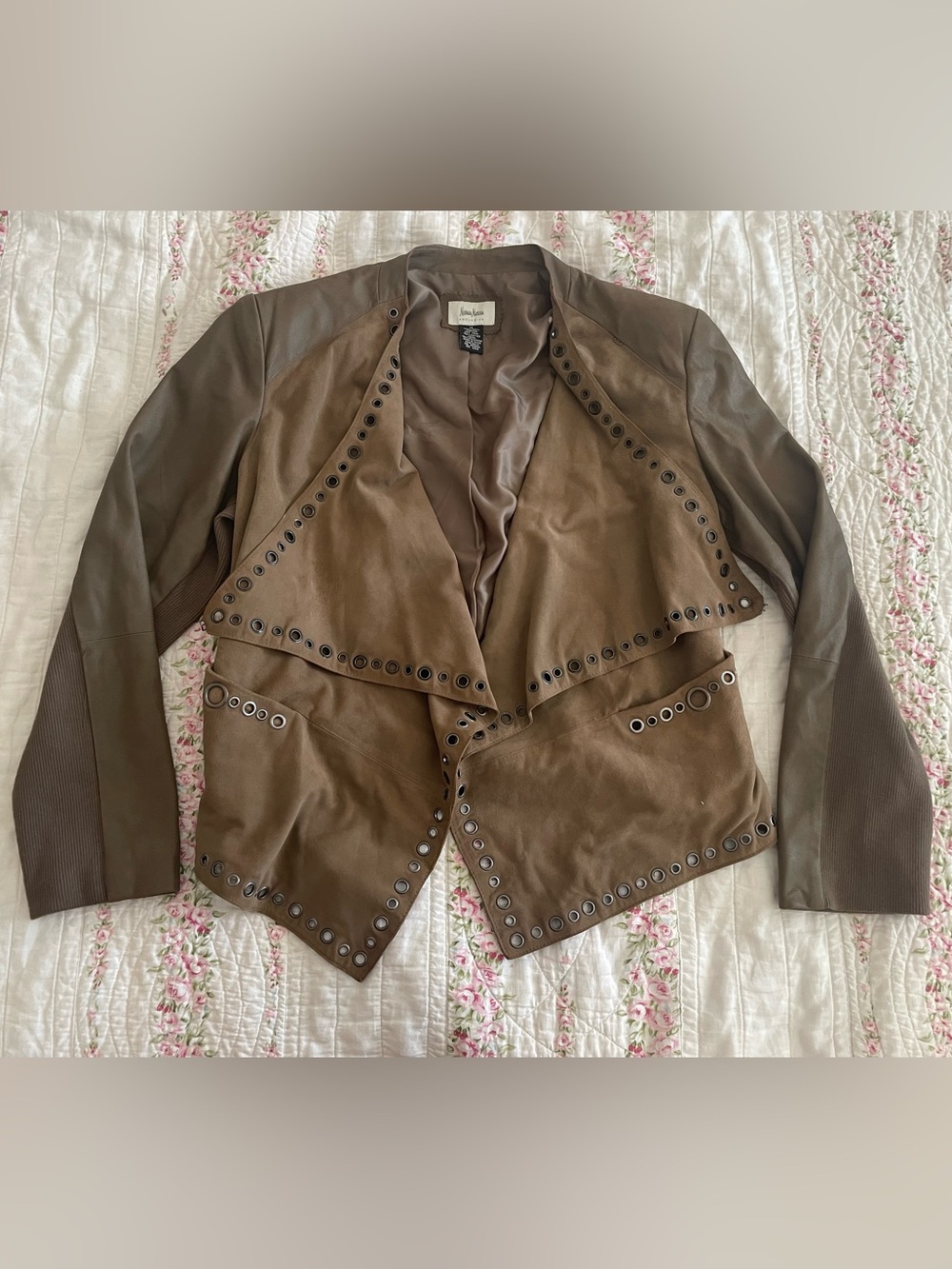 Neiman Marcus Brown suede Leather Eyelet-Trim Jacket